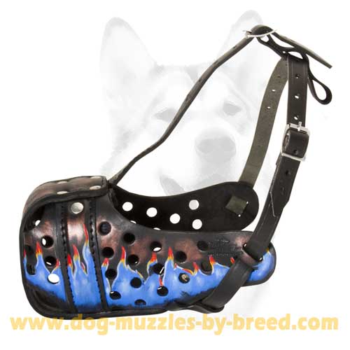 Snugly fitted Blue Fire leather dog muzzle